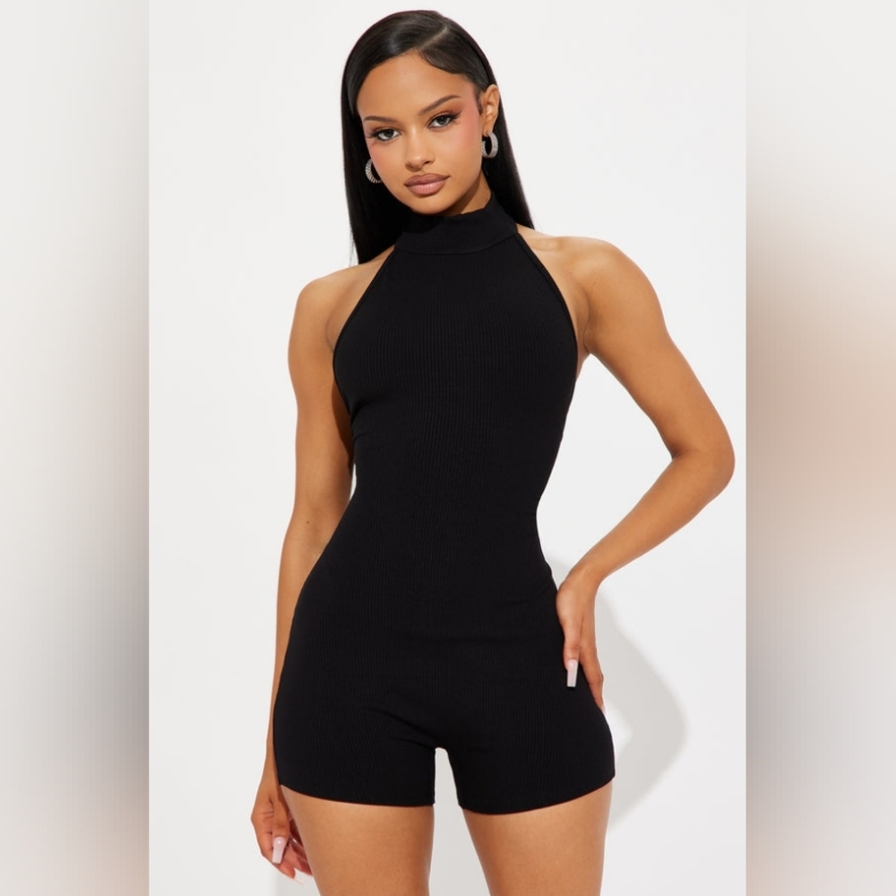 NEW! Sleek Black Ribbed High-Neck Halter Romper